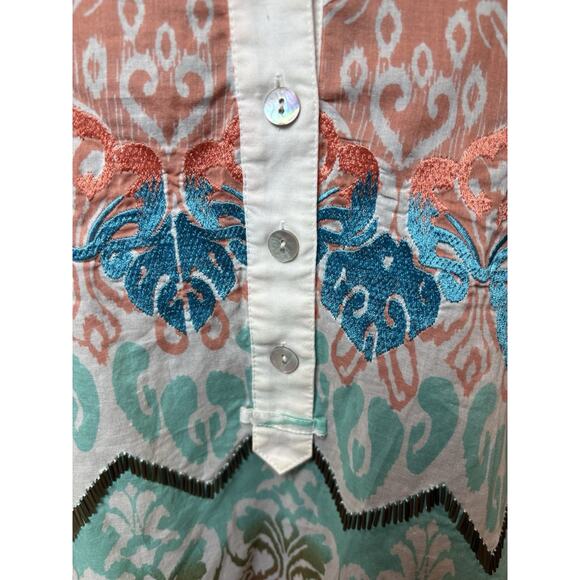 Chico’s Sheer Colorful Blouse Roll Tab Sleeves Beaded and Embroidered Size 2 (L) - Picture 2 of 6
